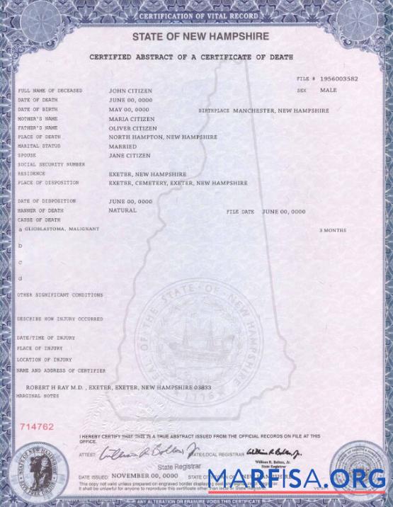 Realistic USA state New Hampshire death certificate template in PSD format
